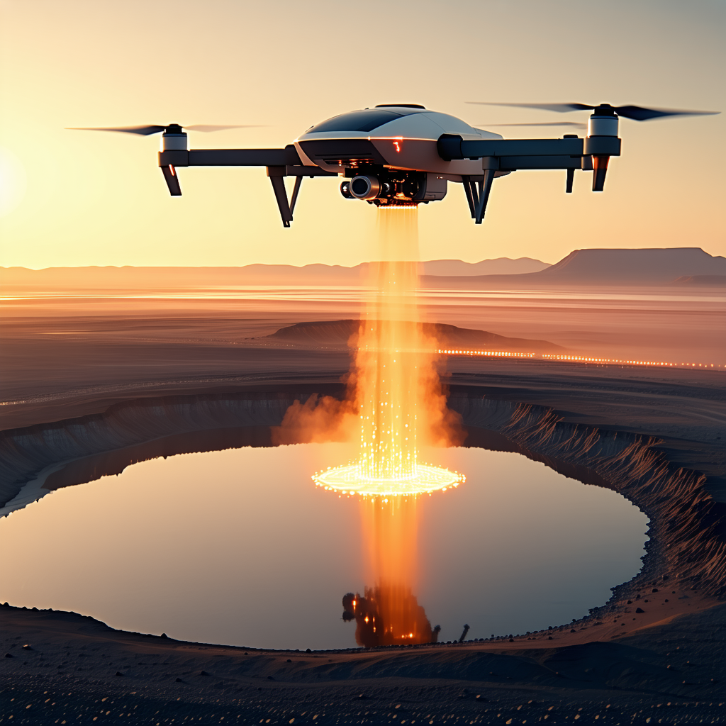 A Large Drone Is Flying Over A Lake, And It Is Spewing Fire From Its Underside