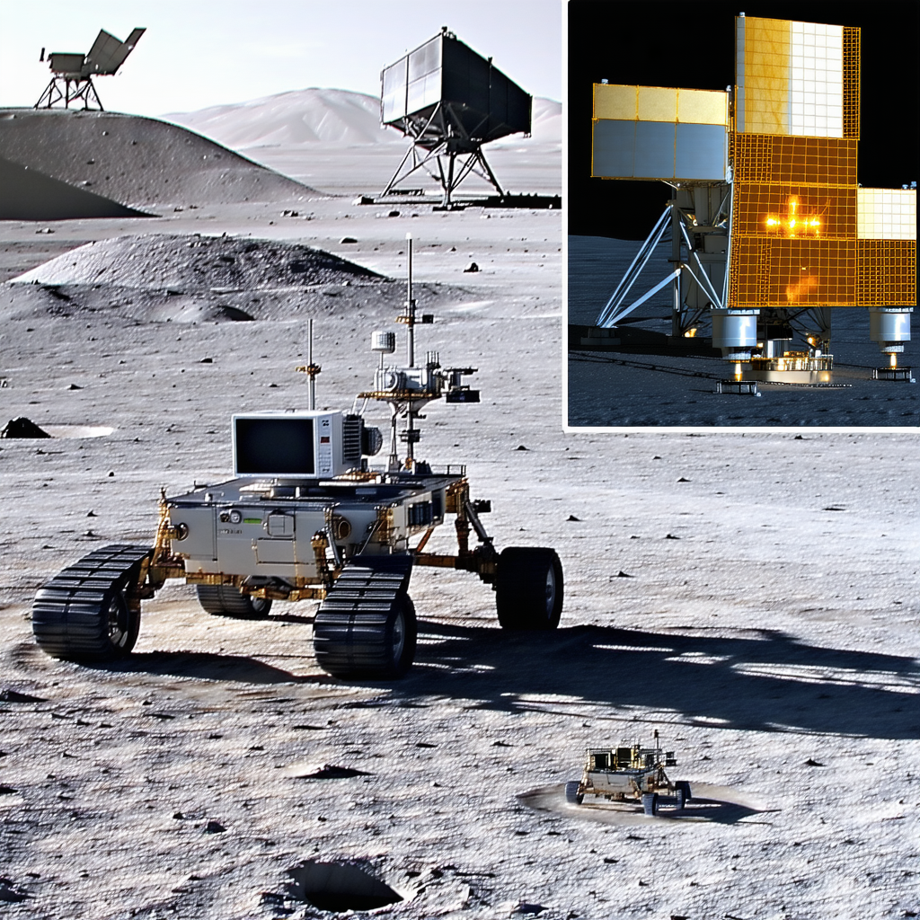 A Robotic Rover Is Parked On The Surface Of The Moon, With A Large Satellite Dish On Its Back