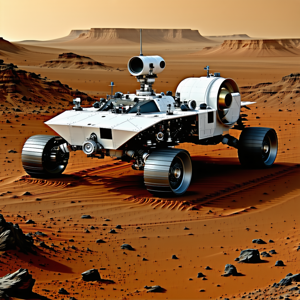 A White Rover Is Driving On A Dirt Road In A Desert