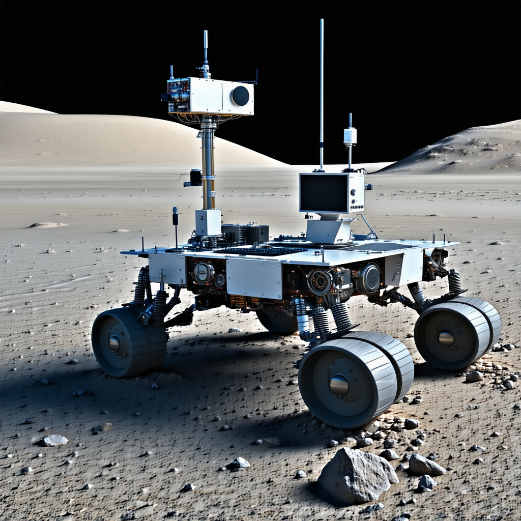 A Robotic Vehicle Is Parked On A Rocky Surface, With A Large Rock In The Foreground