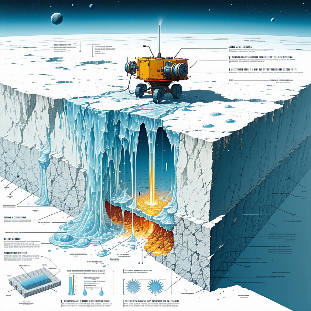 The Image Is A Detailed Illustration Of A Spacecraft, Possibly A Rocket, Sitting On A Frozen Surface