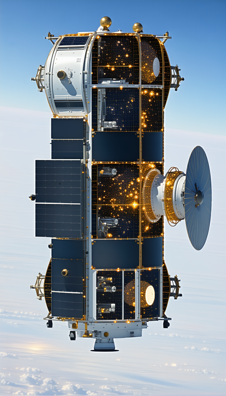 A Large Spacecraft Is Shown In A Close-up View, With Its Various Components Clearly Visible