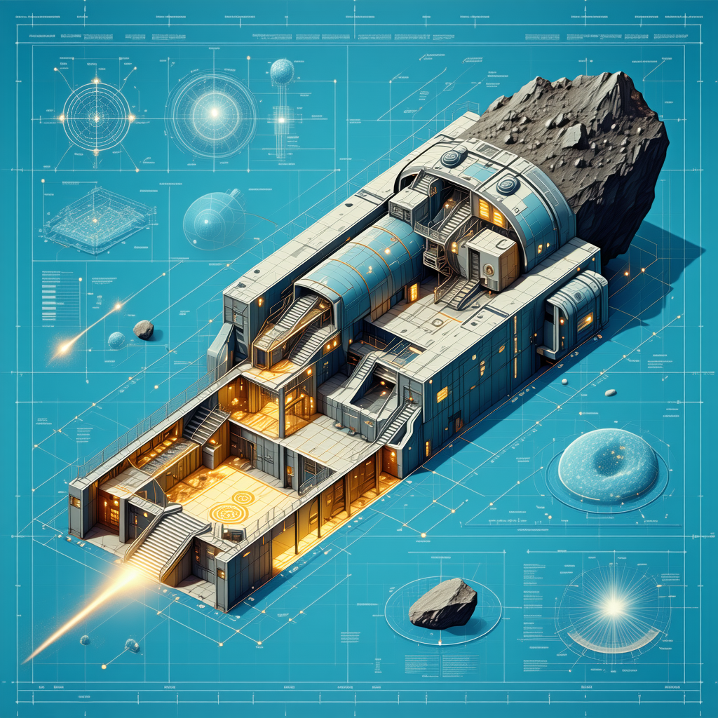 A Futuristic Space Station Is Depicted In A Blue And White Drawing