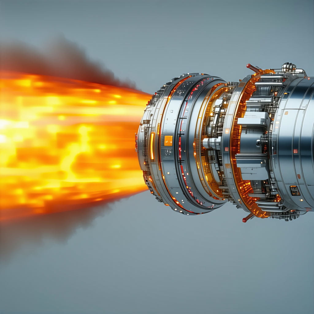 A Large, Silver Rocket Engine With A Bright Orange Exhaust