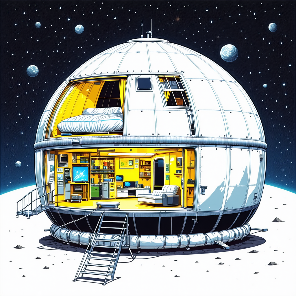 The Image Is A Cartoon Drawing Of A Space Station, Which Is Shaped Like A Large White Sphere