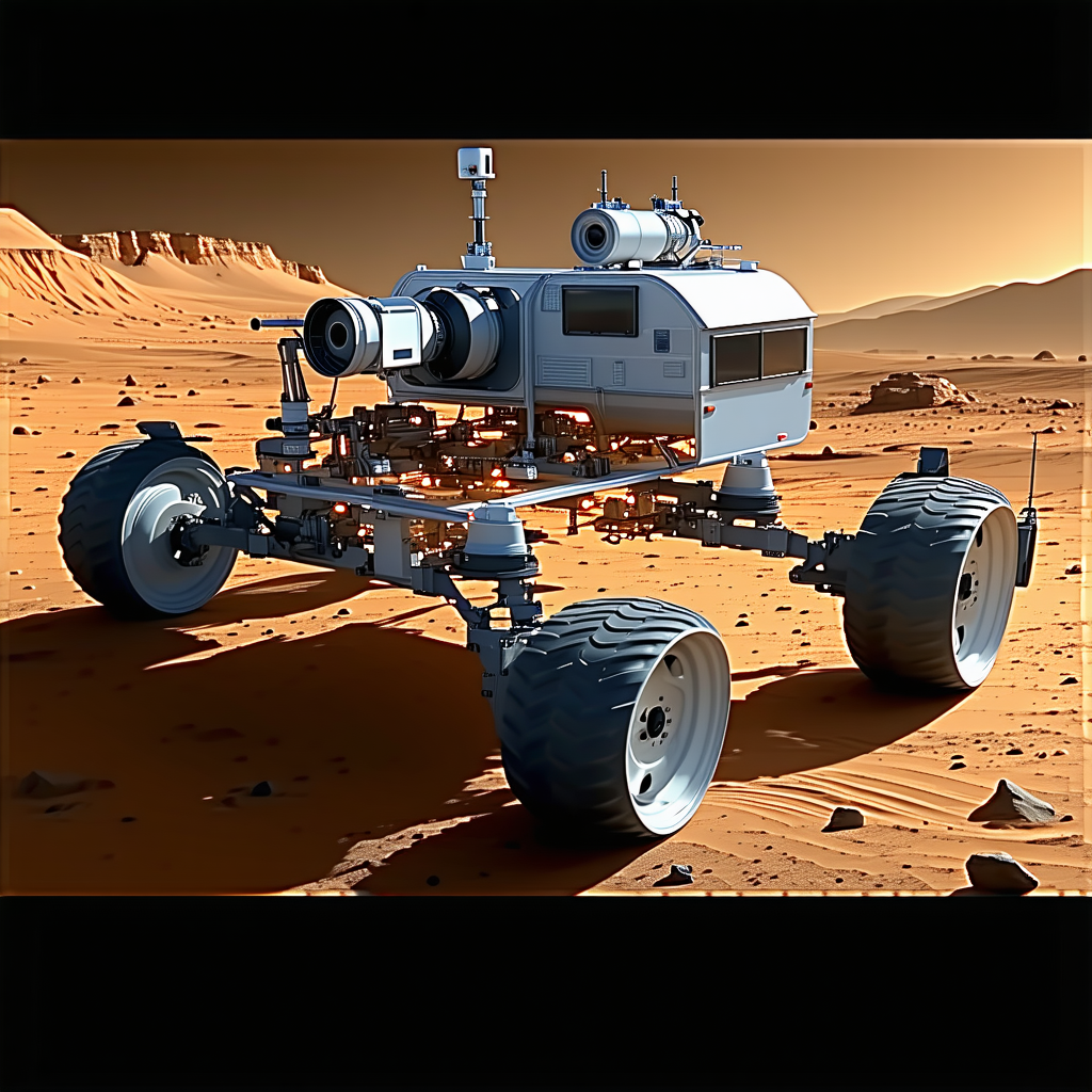 A Futuristic Vehicle, Possibly A Rover Or A Spacecraft, Parked On A Dirt Surface