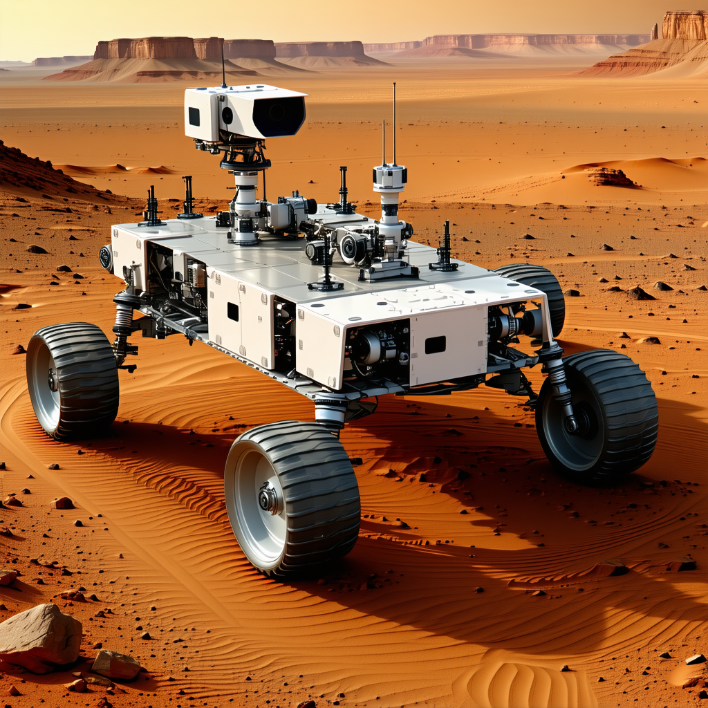 A White Robotic Vehicle With A Large Camera On Top Of It, Driving Across A Sandy Terrain