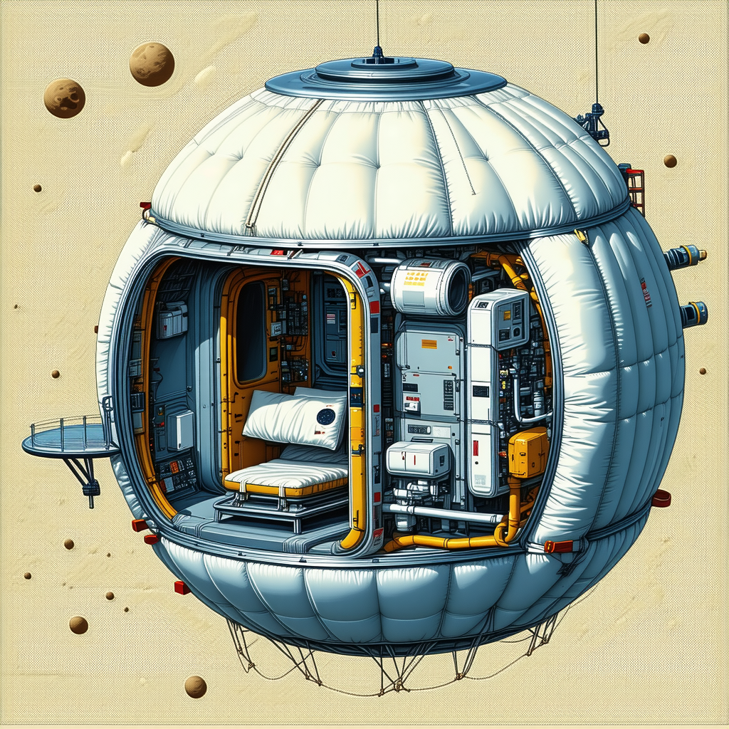 In The Image, There Is A Large White Spacecraft With A Round Shape, Resembling A Giant White Ball
