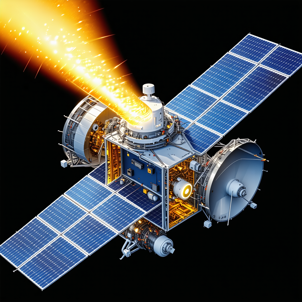 A Spacecraft Is Shown In A Close-up View, With Its Solar Panels Prominently Displayed