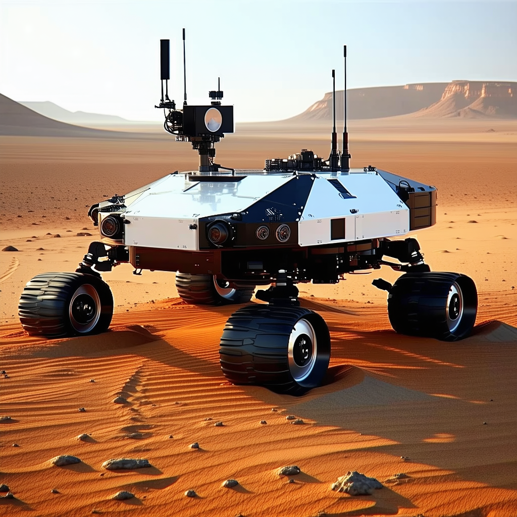 A Large Robotic Vehicle, Possibly A Tank, Sitting On A Sandy Surface