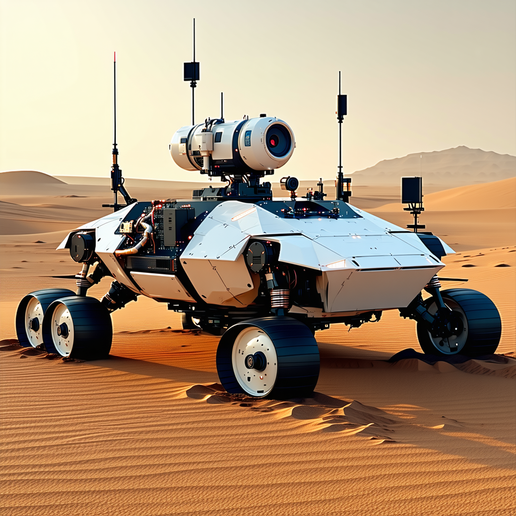 A Robotic Vehicle Is Parked In A Desert-like Environment