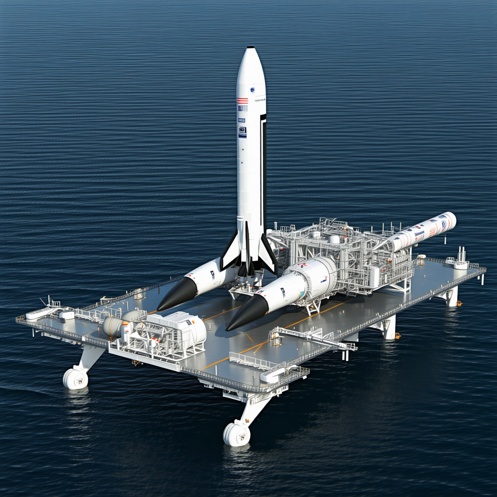 A Large White Space Shuttle Is Docked On A Floating Platform In The Ocean