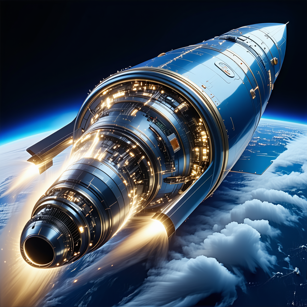 A Rocket Is Shown In A Close-up View, With Its Engine Lit Up