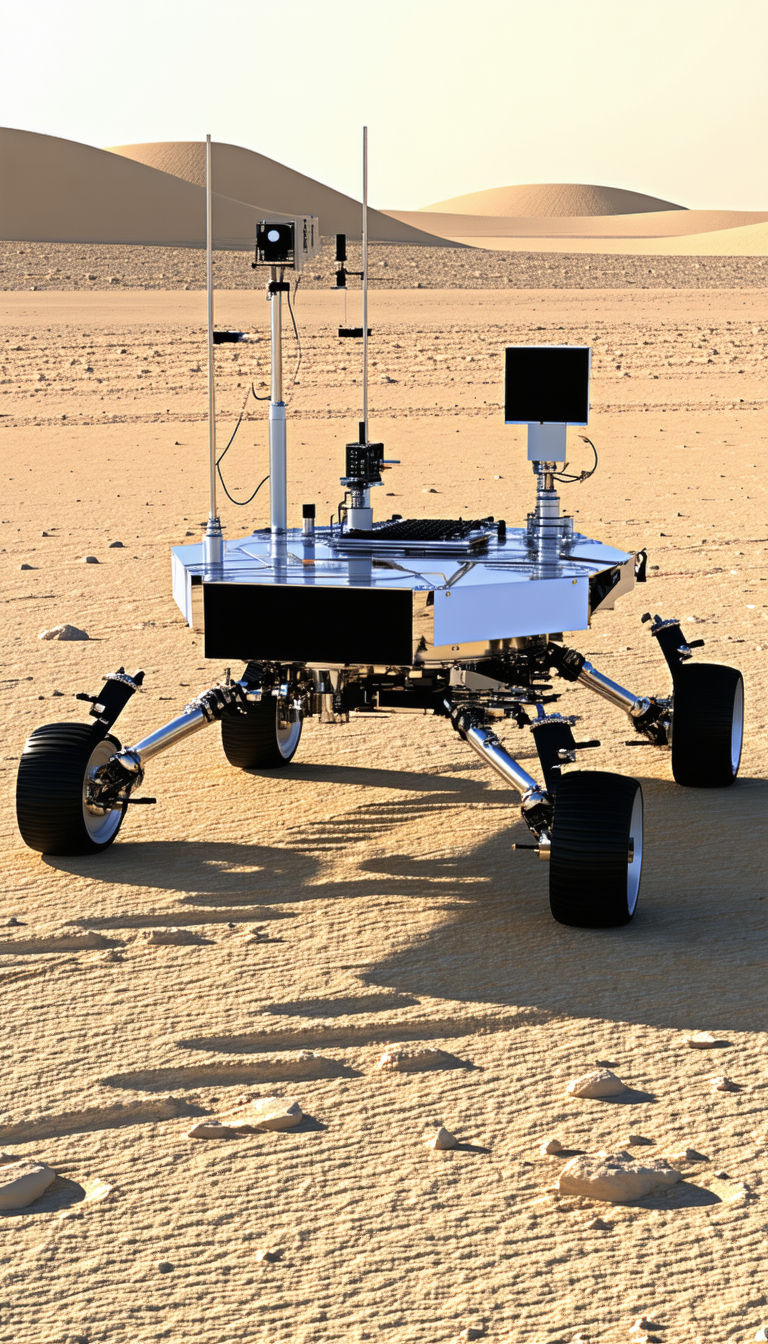 A Large Robotic Vehicle With Four Wheels, Sitting On A Sandy Surface