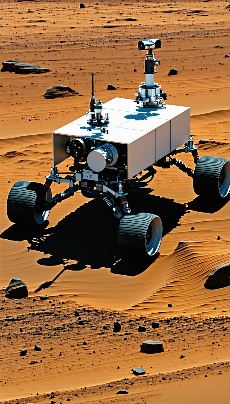 A White Robotic Vehicle With Four Wheels, Driving Across A Sandy Terrain