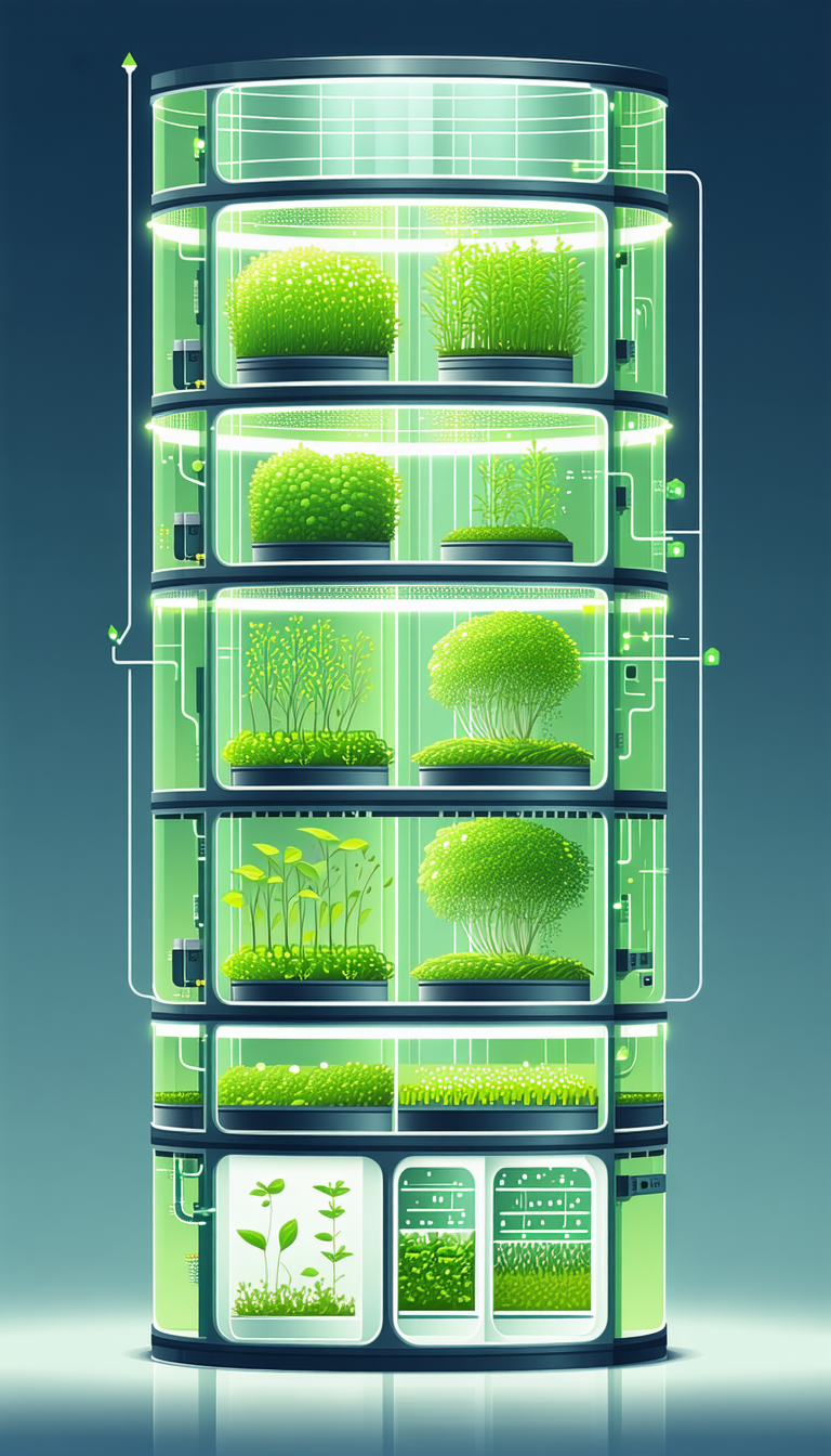 In The Image, There Is A Large Green Tower Filled With Various Plants