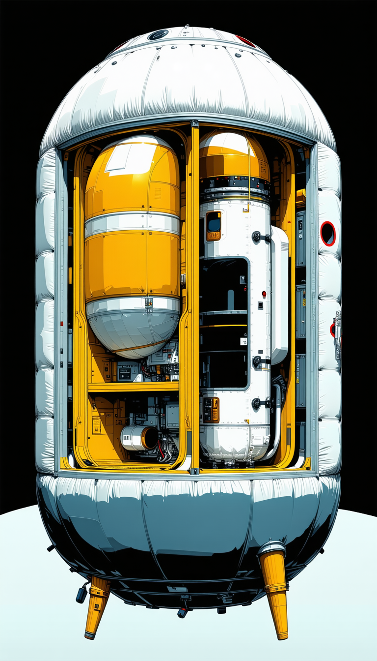 A Large, Yellow Spacecraft Is Shown In A Black And White Drawing