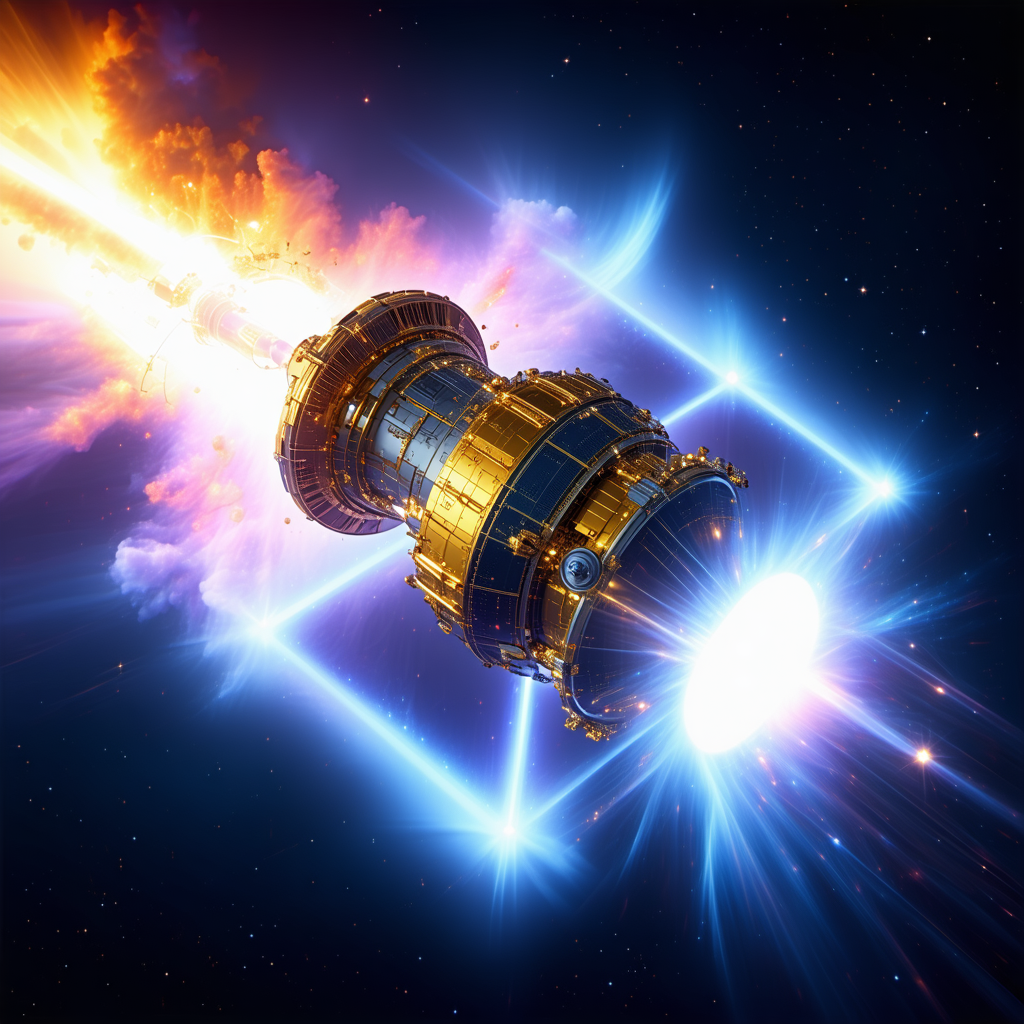 In The Image, There Is A Large, Shiny, And Gold Spacecraft With A Blue And White Hue