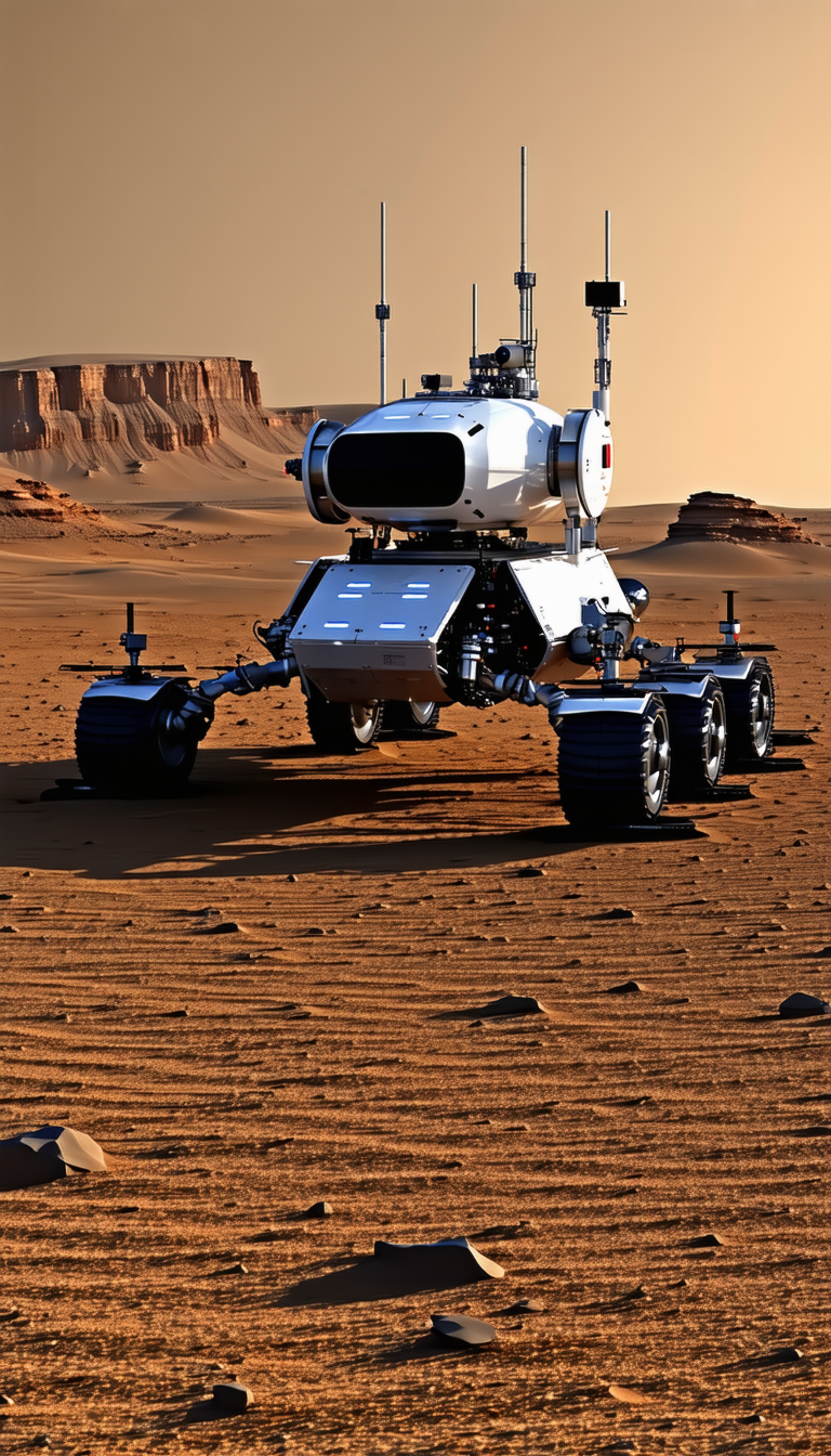 A Large White Robotic Vehicle, Possibly A Rover, Driving Across A Sandy Terrain