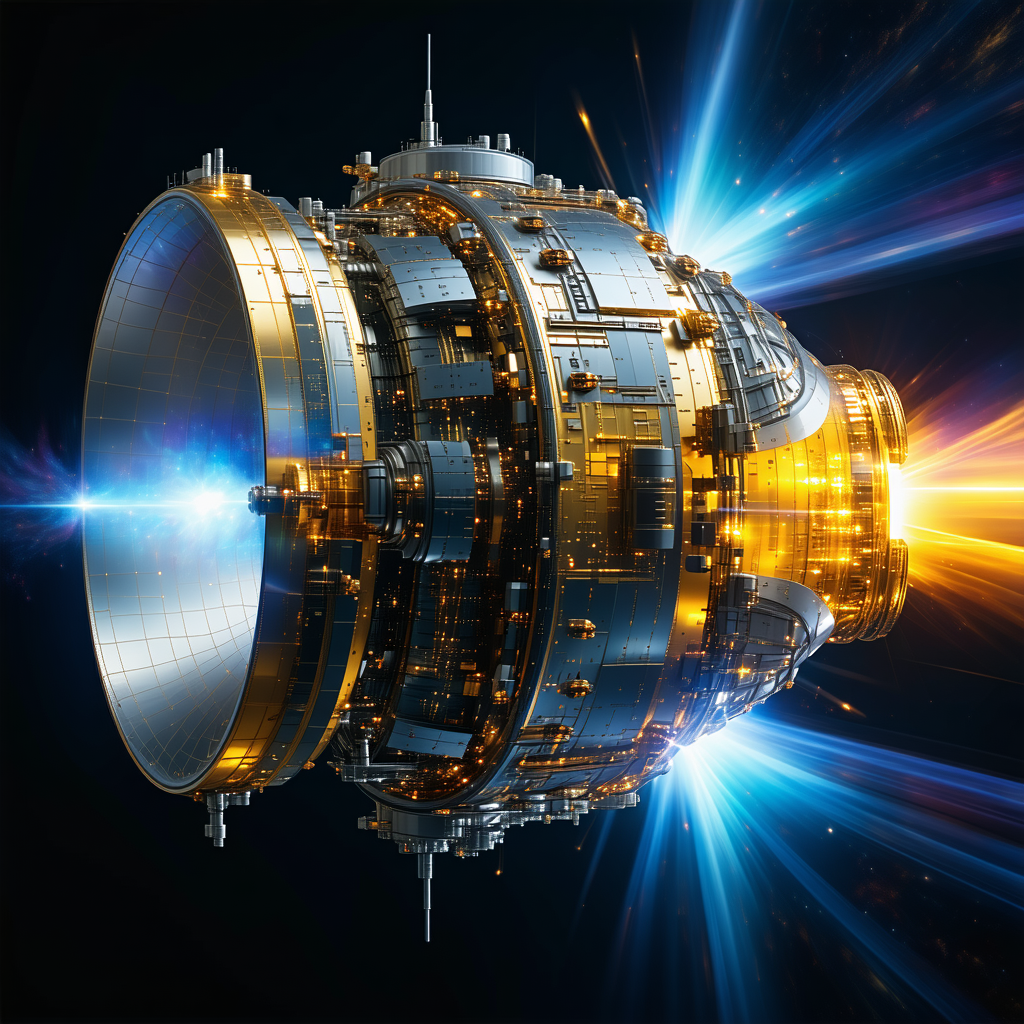 A Futuristic Spacecraft With A Large, Round, And Shiny Structure In The Center