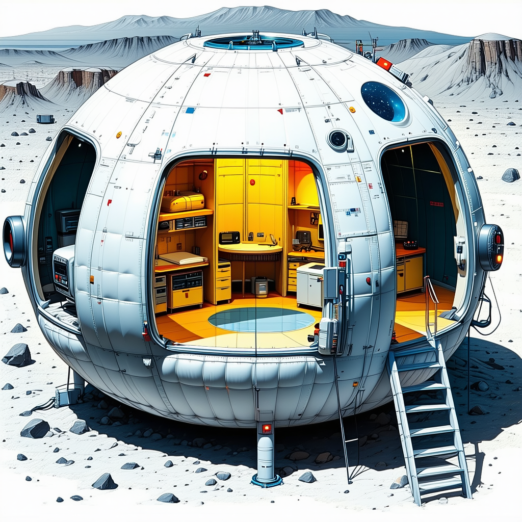 colorful, detailed illustration space station