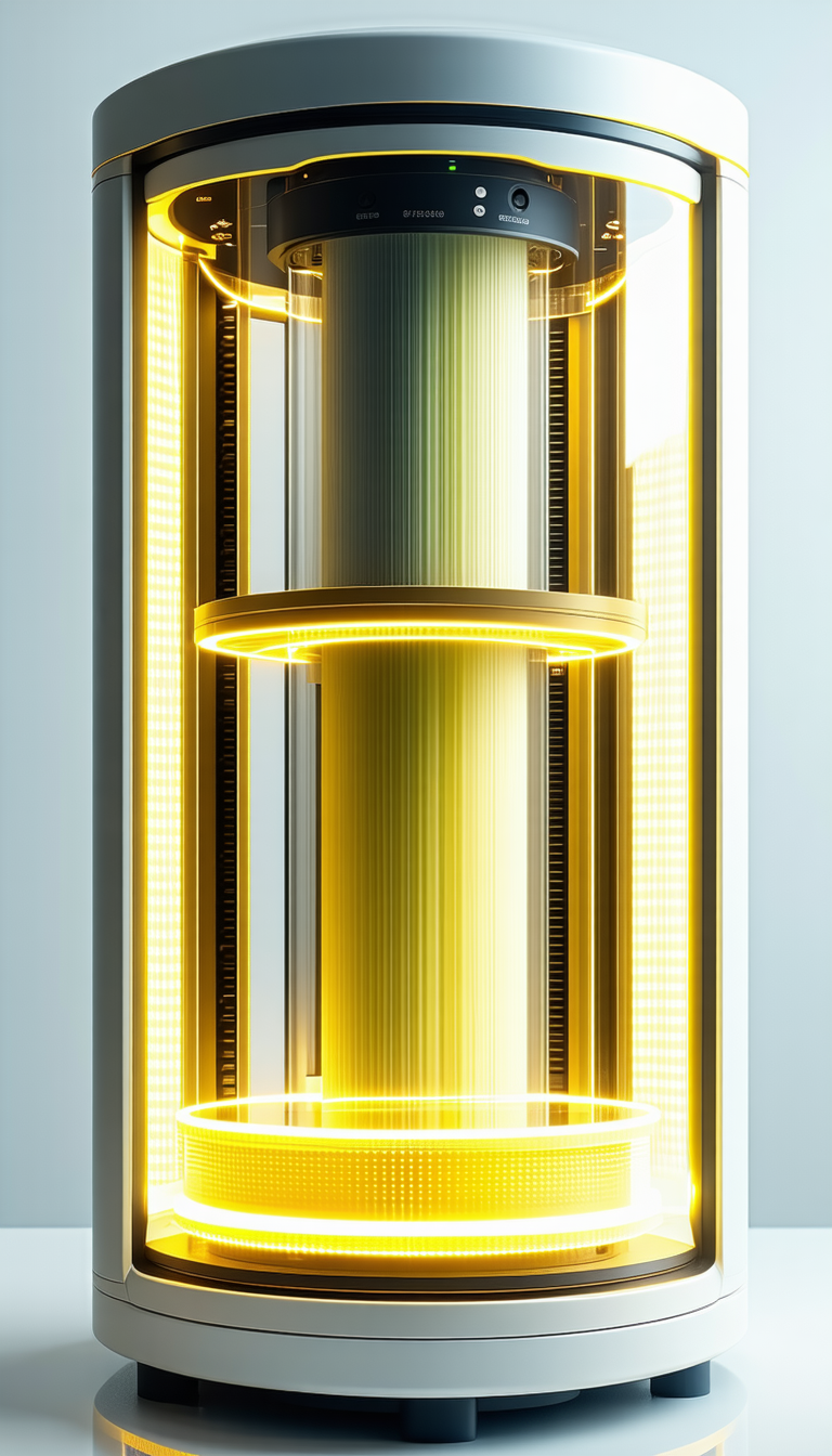 A Yellow And White Striped Cylinder, Which Appears To Be A Light Fixture