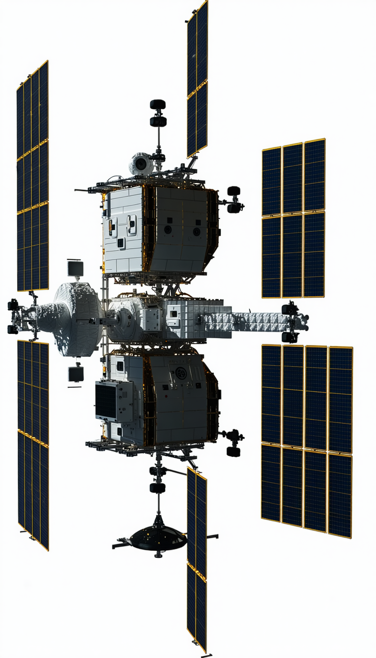 A Large Spacecraft Is Shown In A White And Blue Color Scheme