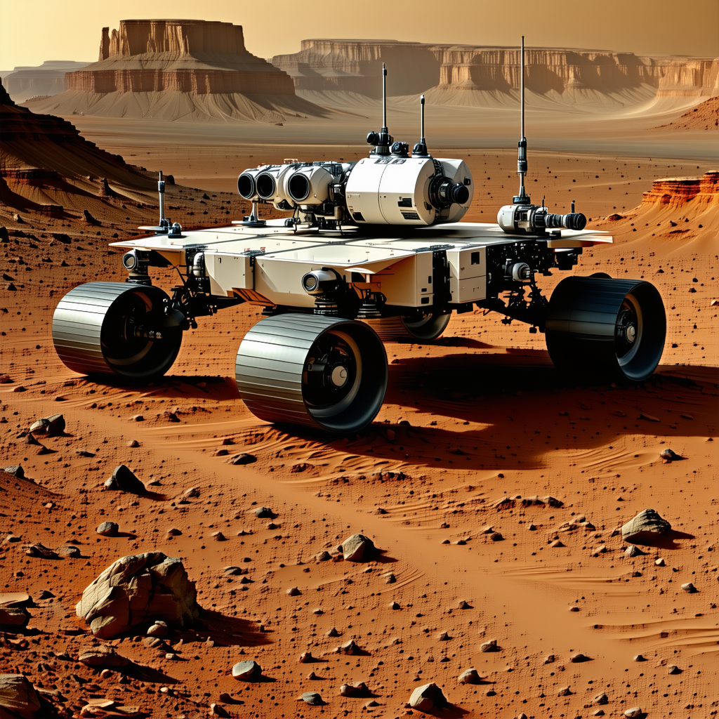 A Large White Vehicle, Possibly A Rover Or A Tank, Driving Across A Rocky Terrain