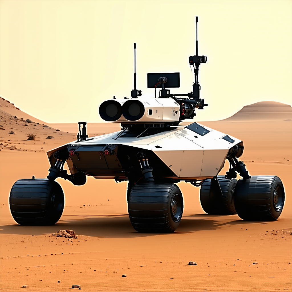 A White Robotic Vehicle With Four Large Wheels, Driving Across A Sandy Terrain