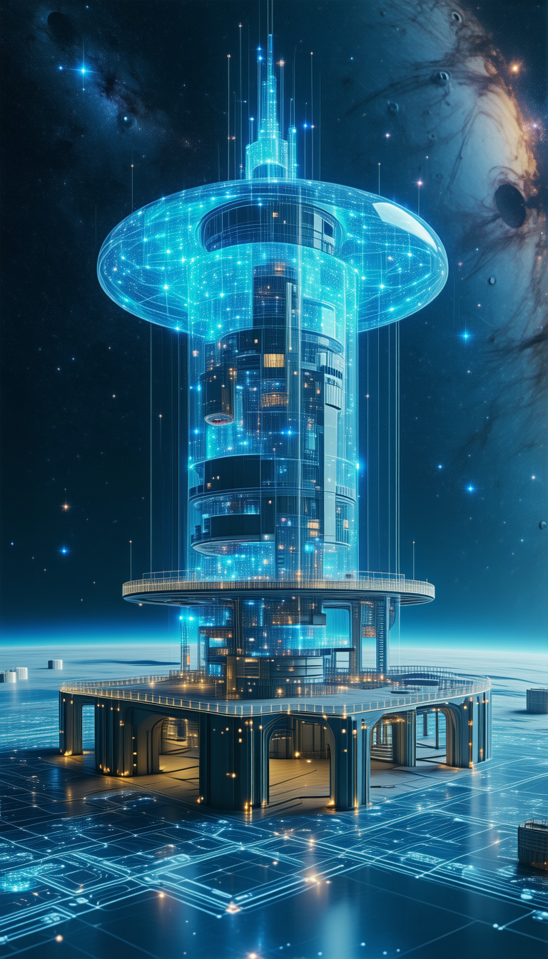 A Futuristic Building With A Large, Blue, And White Dome On Top