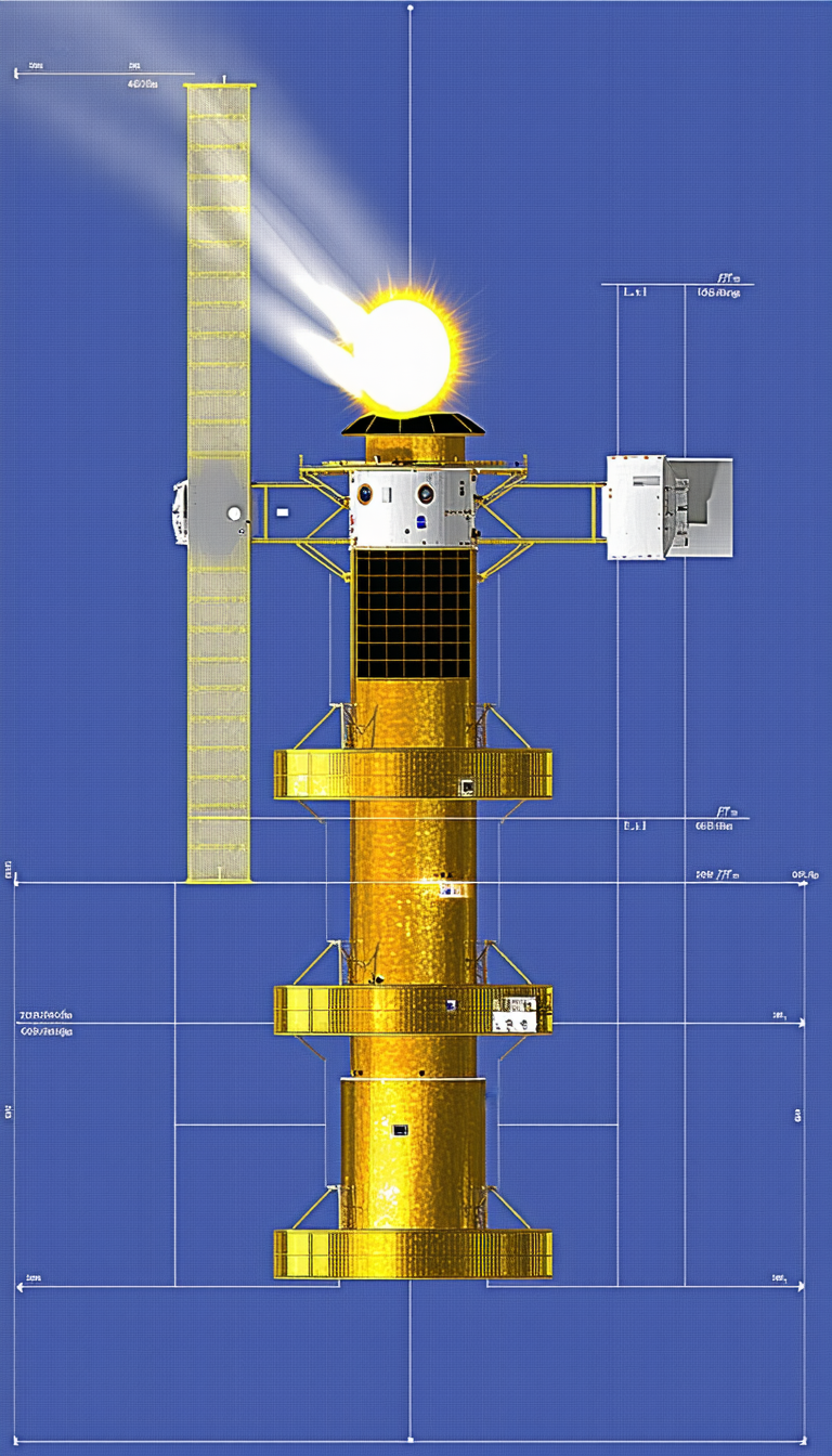 A Yellow And Gold Space Station Is Shown In A Blue Background