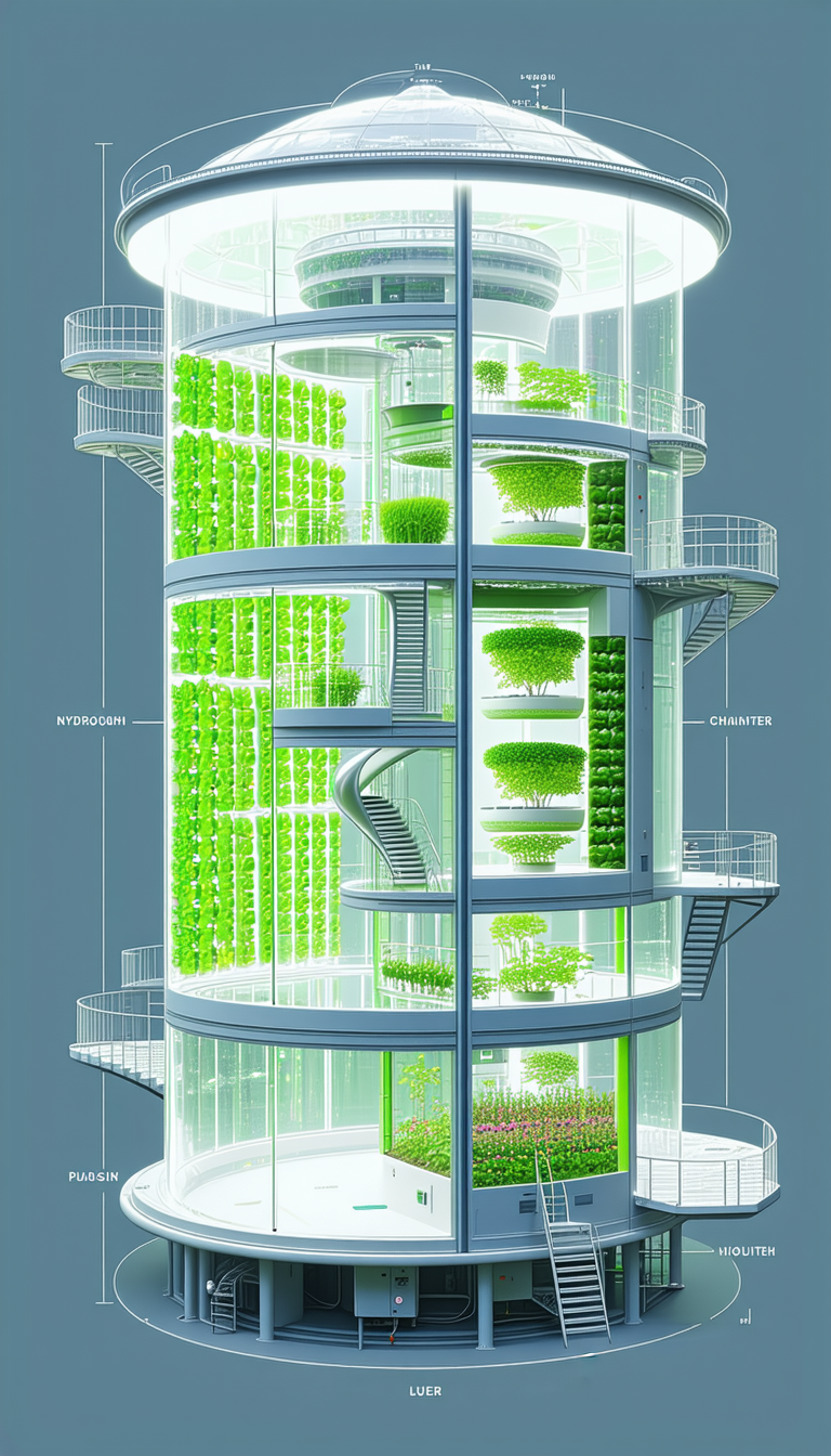 A Large, Futuristic Building Is Shown In A Drawing, With A Spiral Staircase Leading To The Top