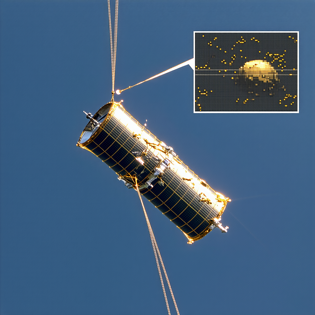A Satellite Is Being Transported Through The Air By A Cable