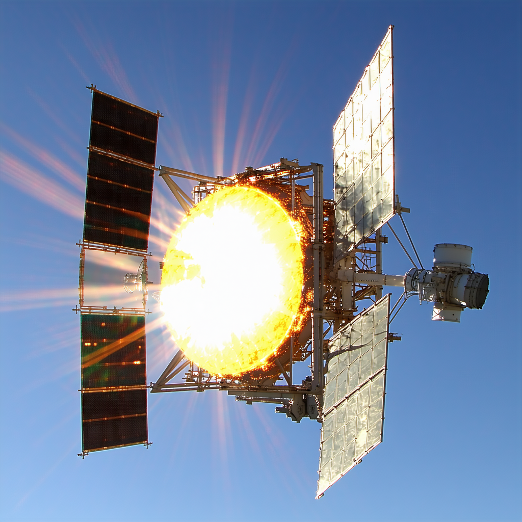 A Large, Shiny Satellite In The Sky, With A Bright Sun Shining On It