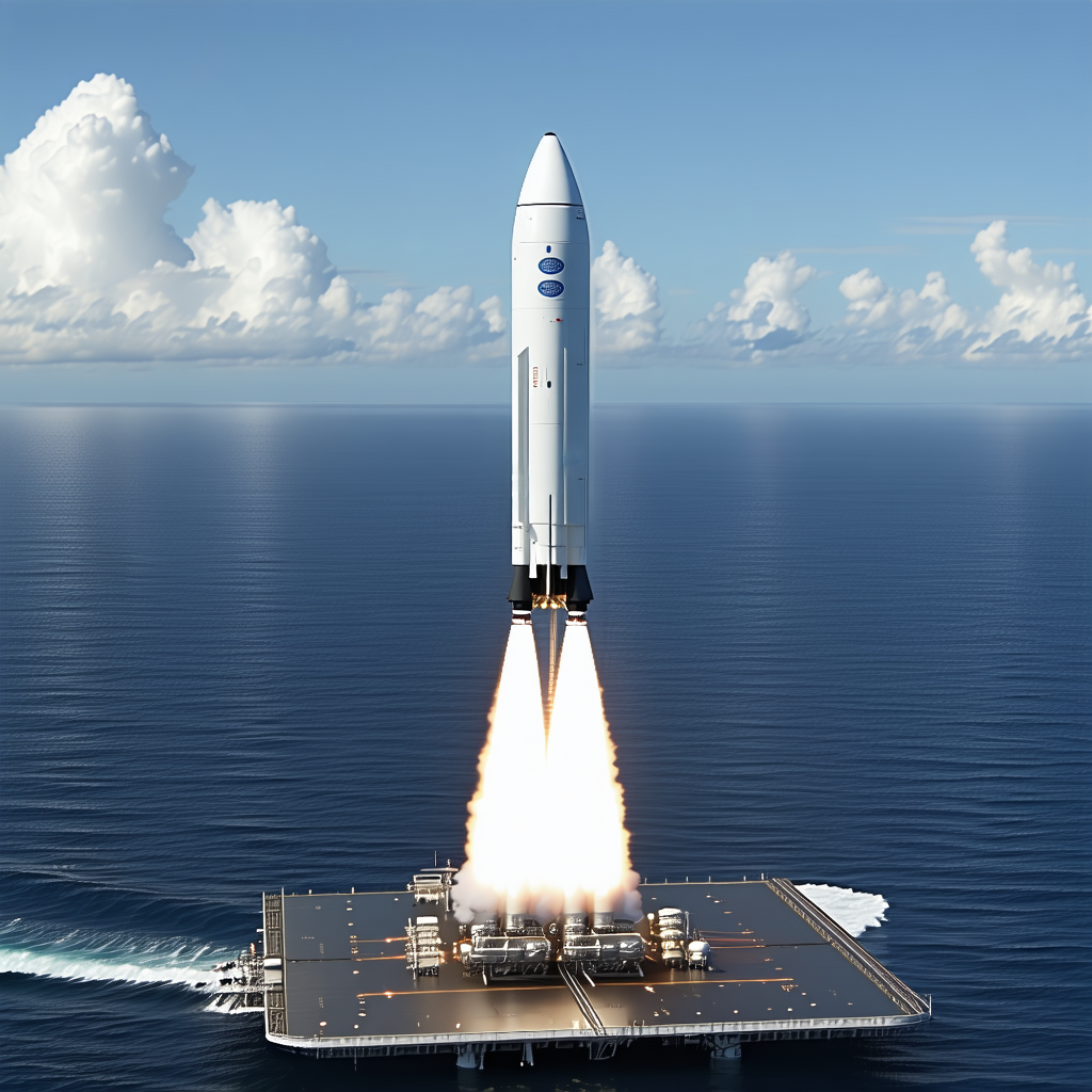 A Large Rocket Ship, Likely A Space Shuttle, Launching From A Floating Platform In The Ocean