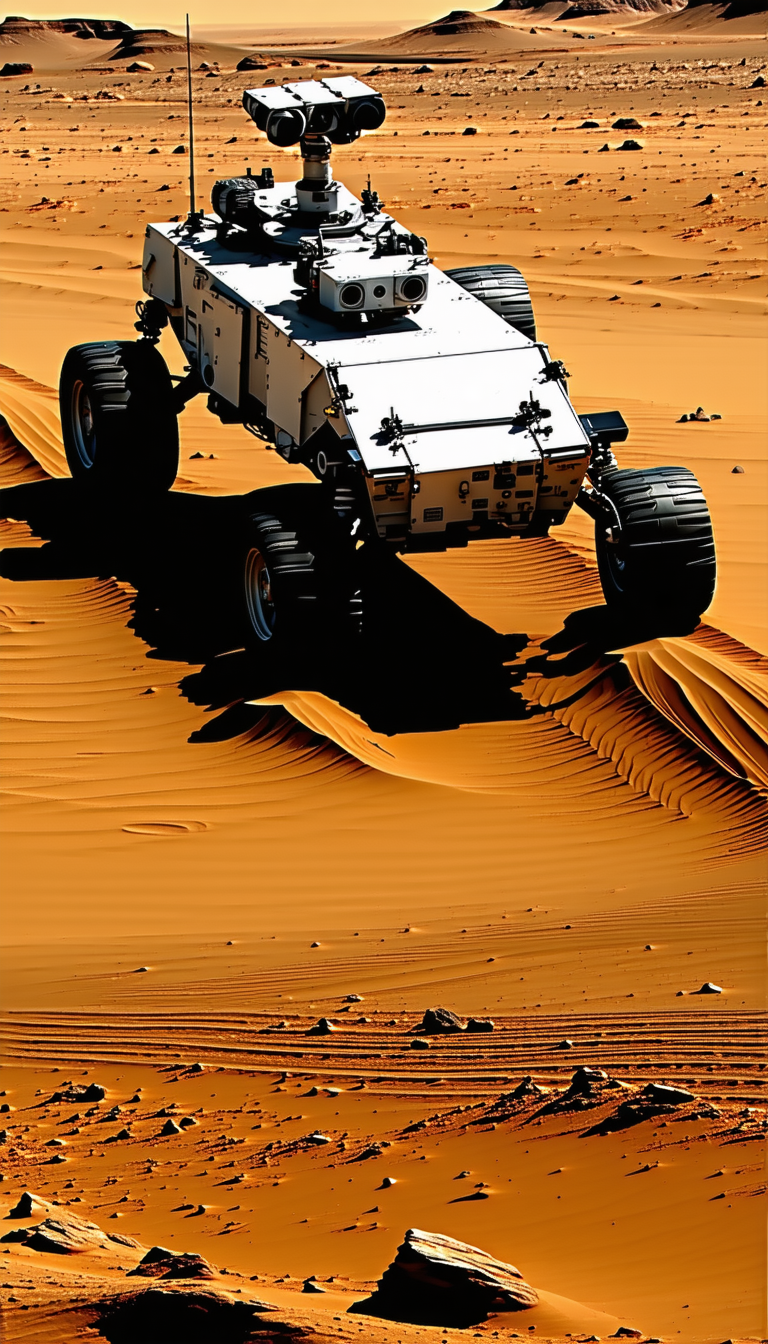 A Large, Four-wheeled Vehicle, Possibly A Tank Or A Truck, Driving Across A Sandy Terrain
