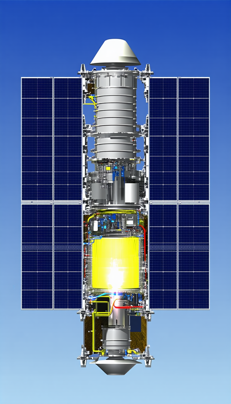 A Large, Cylindrical Spacecraft With A Solar Panel On Top
