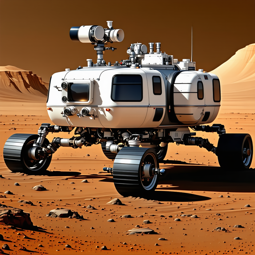 A White Space Vehicle Is Parked On A Red Dirt Surface, Possibly On Mars