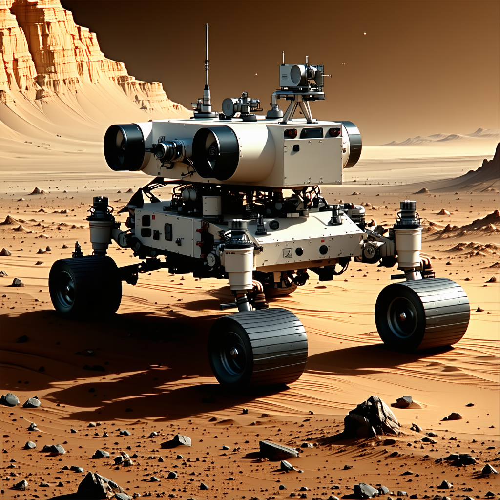 A Robotic Vehicle Is Sitting On A Rocky Surface, Possibly A Desert Or A Rocky Planet