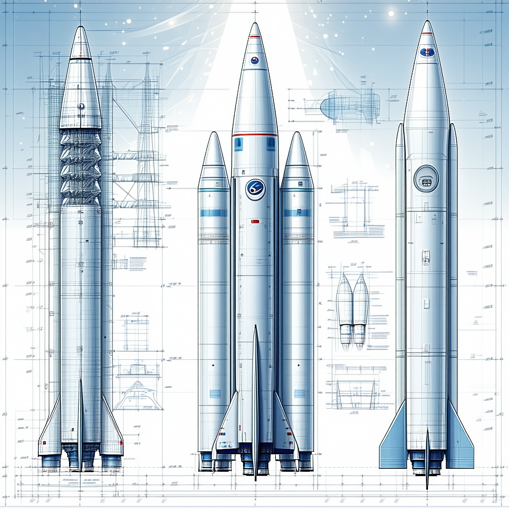 A Blue And White Rocket Ship Is Shown In A Drawing, With A Smaller Rocket Ship Next To It