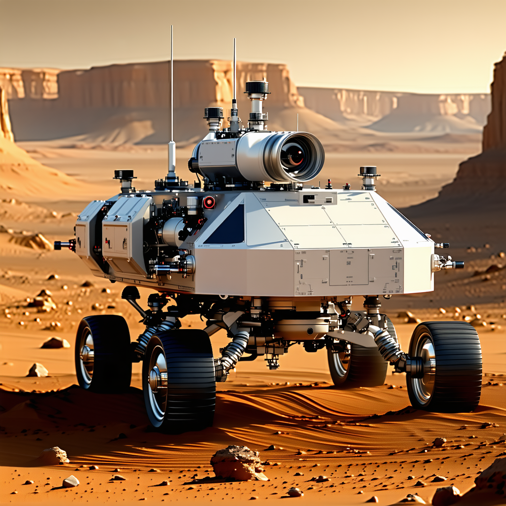 A Futuristic Vehicle, Possibly A Tank Or A Rover, Parked In A Desert-like Environment