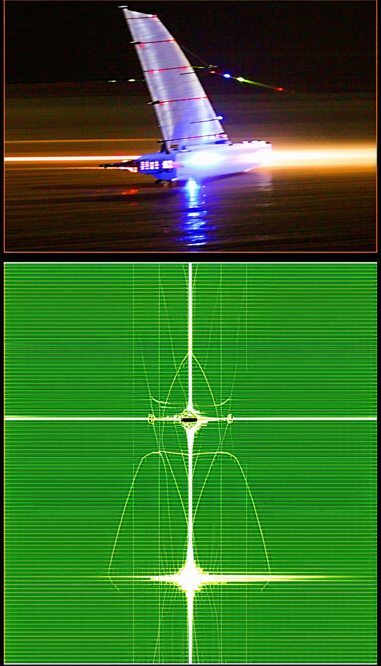 A Jet Is Flying Through The Sky, Leaving A Trail Of Light Behind It