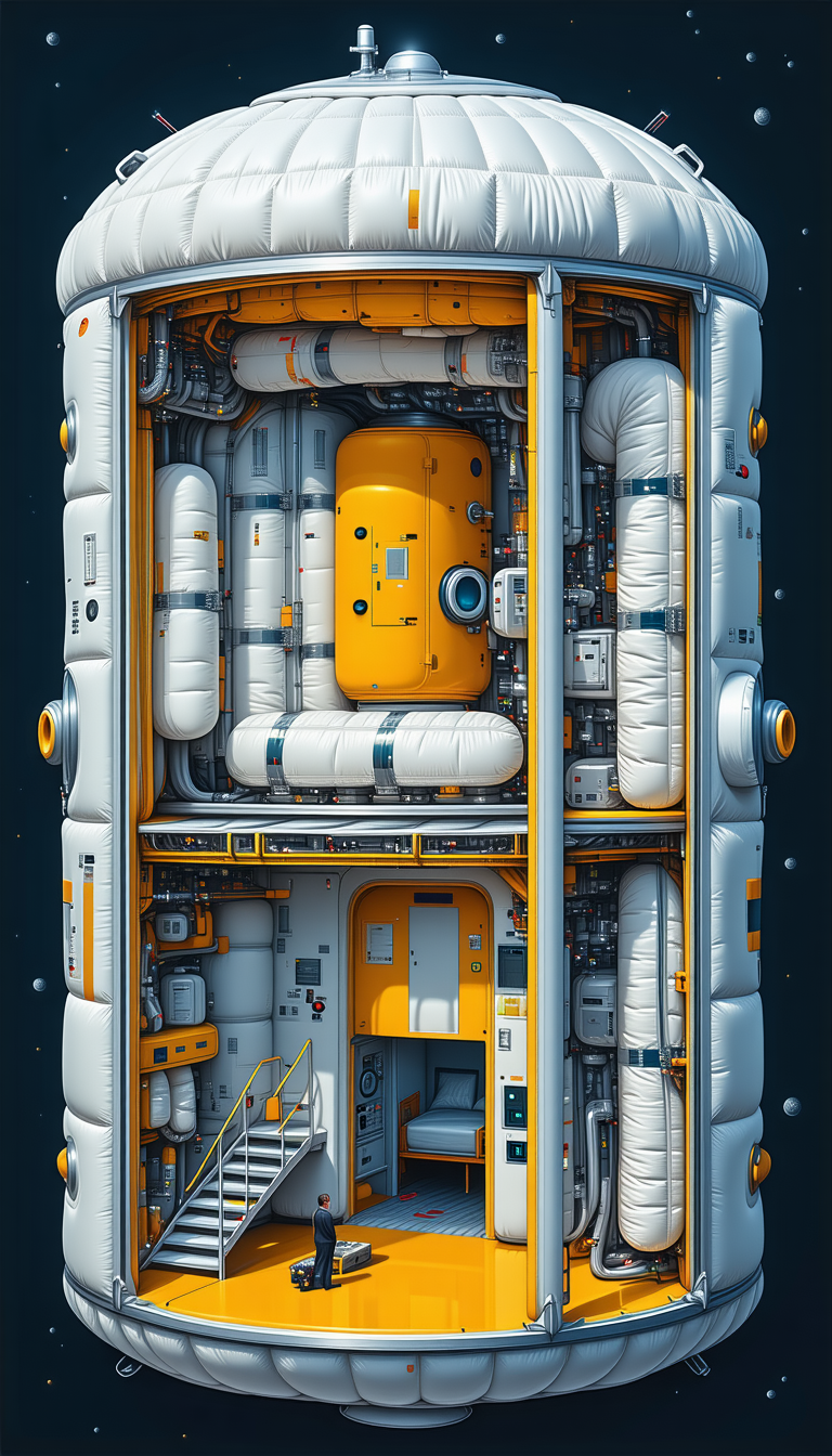 In This Image, There Is A Large, Yellow, And White Spacecraft With A Lot Of Pipes And Tubes