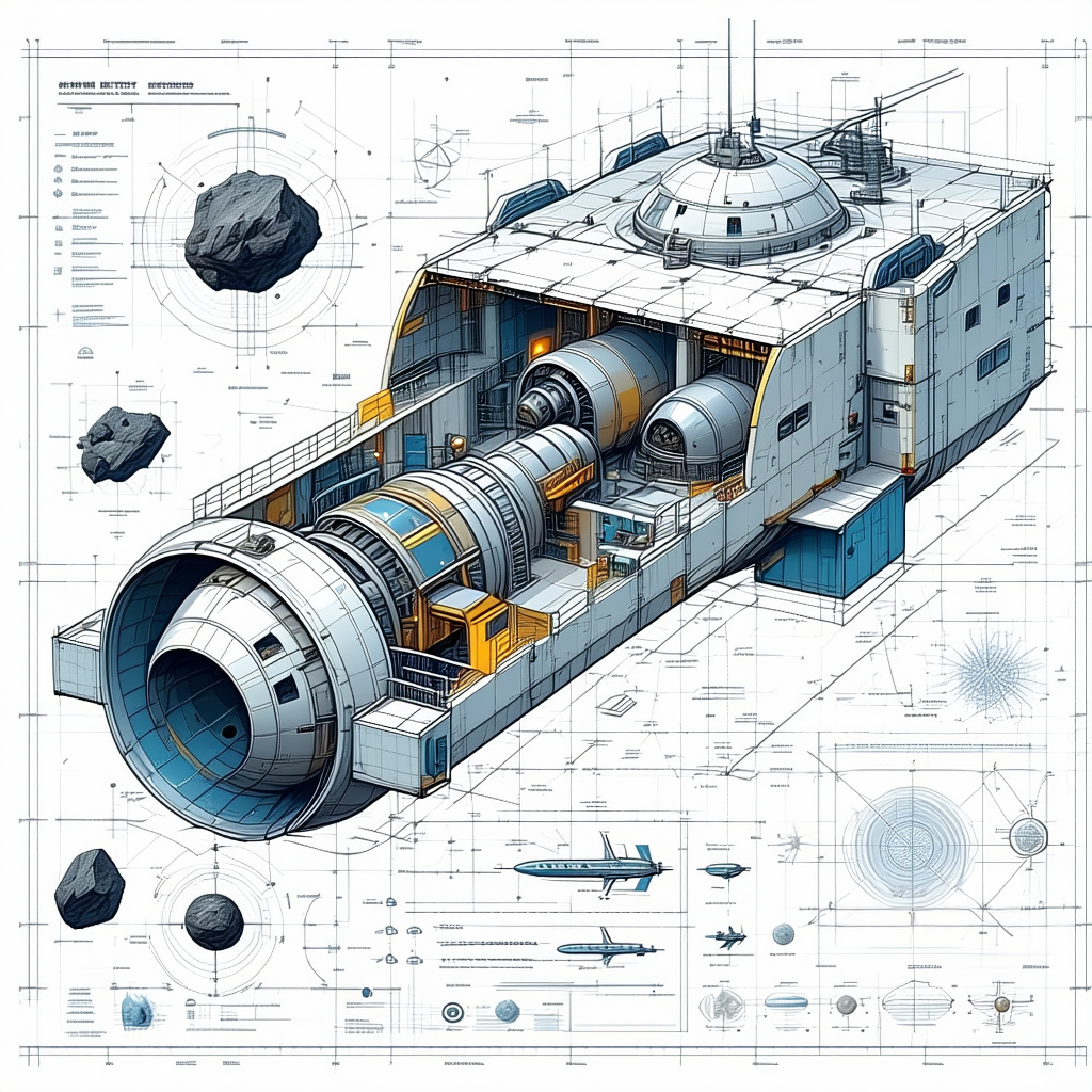 A Large Blue And White Spacecraft Is Shown In A Detailed Drawing