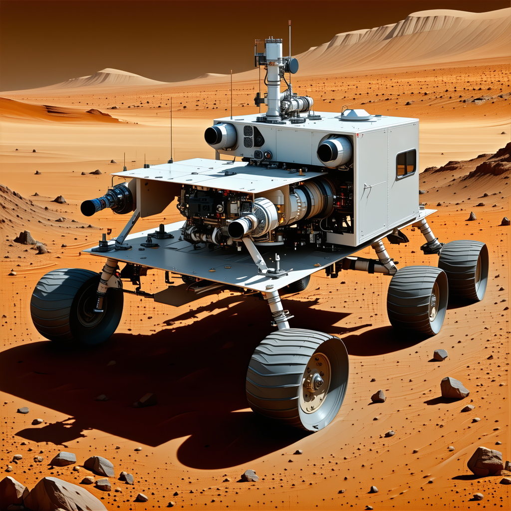 A White Robotic Vehicle With Large Wheels, Driving On A Rocky Terrain