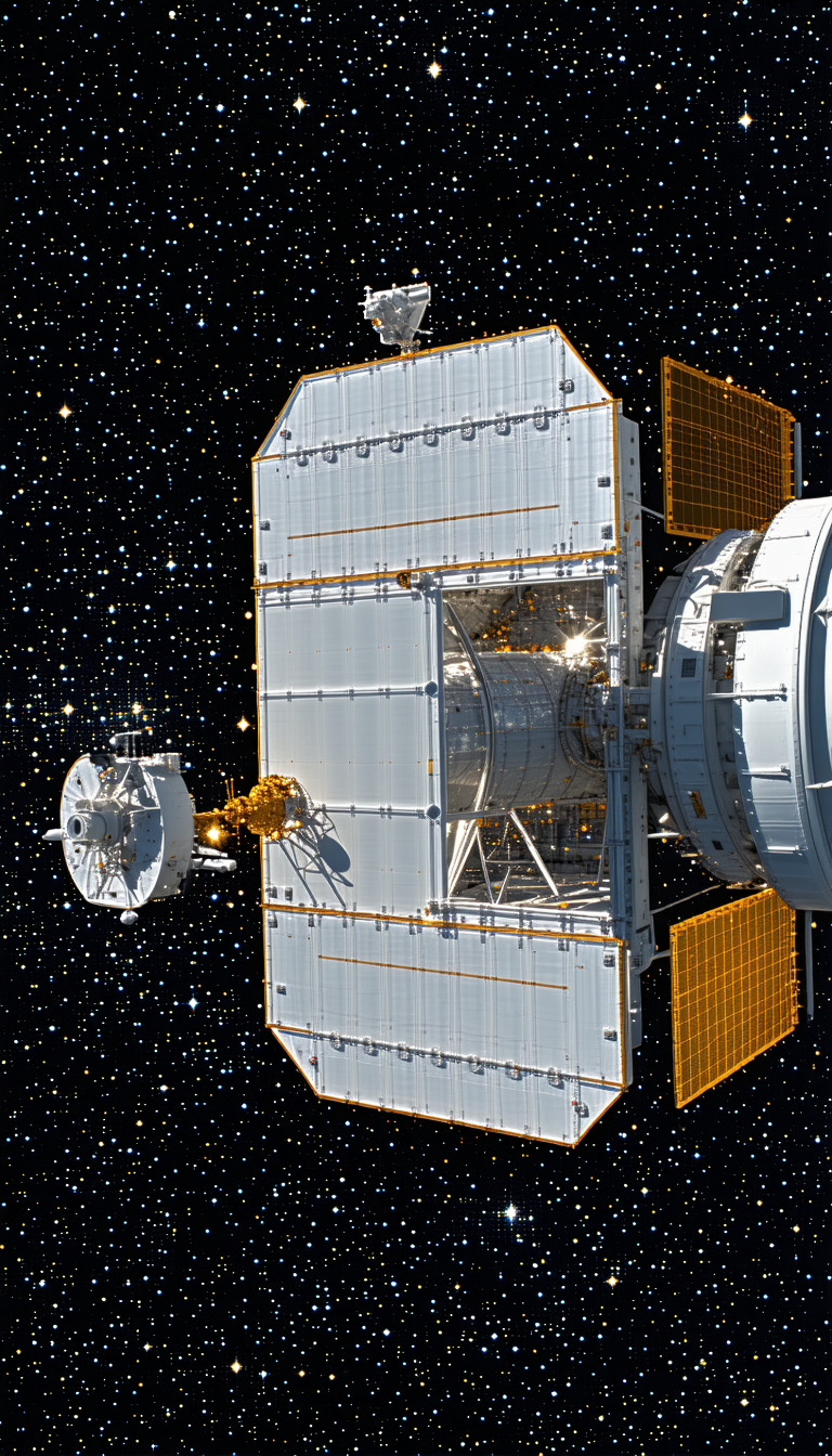 A Large Spacecraft With A White And Grey Color Scheme, Floating In The Vastness Of Space