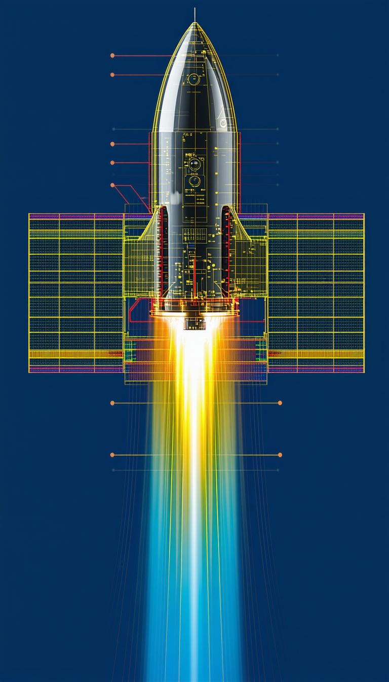 A Rocket Is Shown In A Blue Background, With A Yellow Line Coming Out Of It