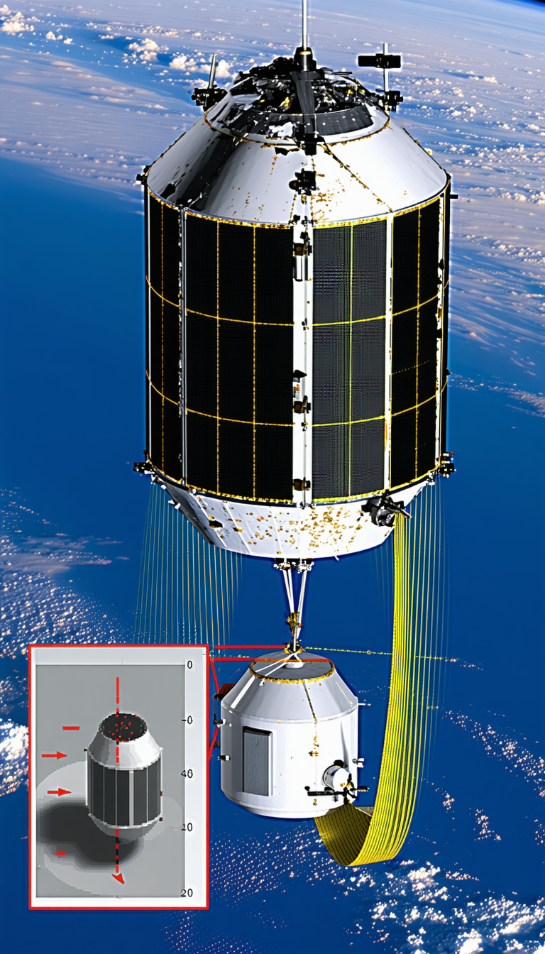 A Large Spacecraft With A Satellite Dish On Top, Floating In The Sky