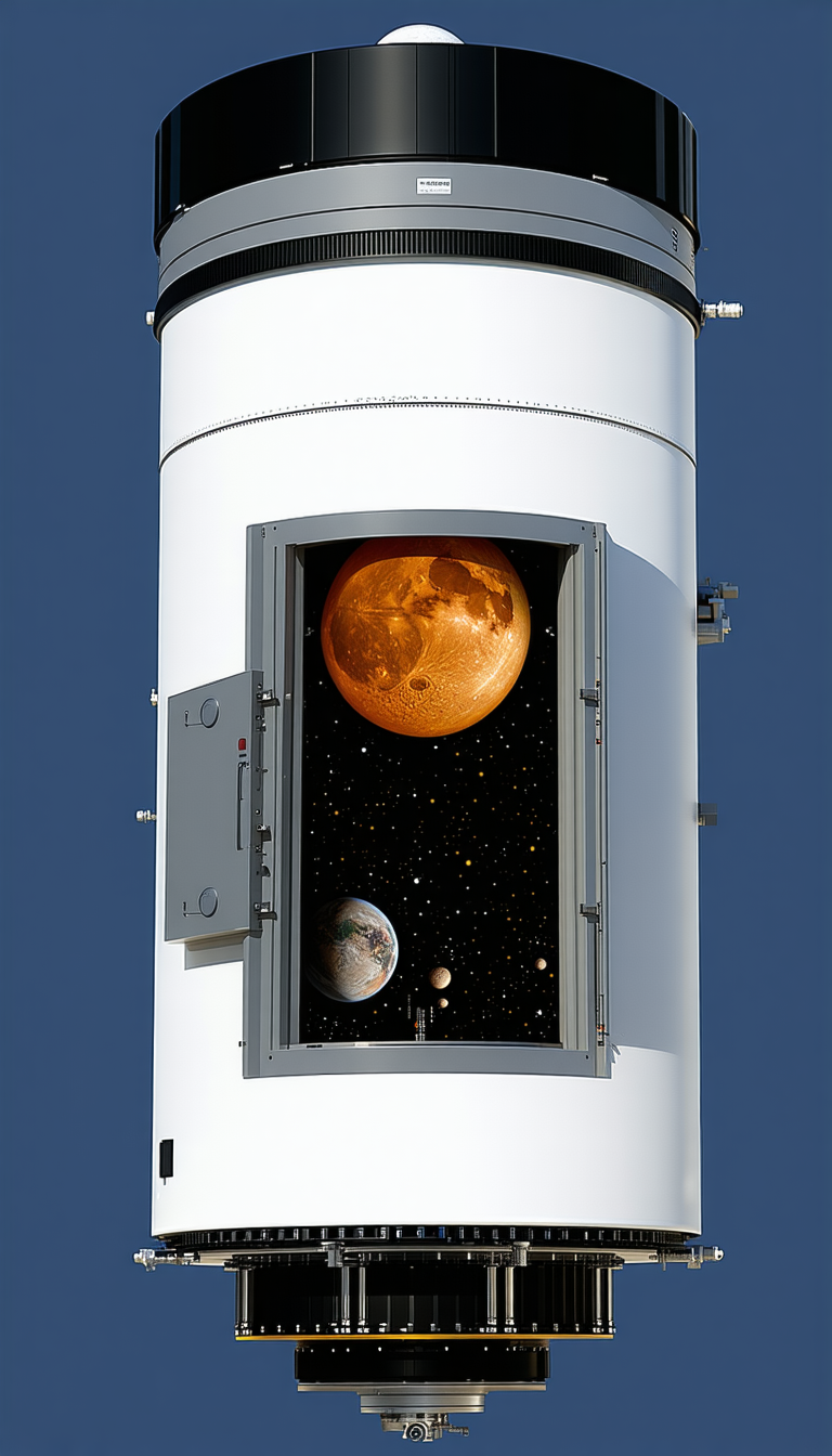 A Large White Satellite Dish Is Shown With A Picture Of A Solar System Inside Of It