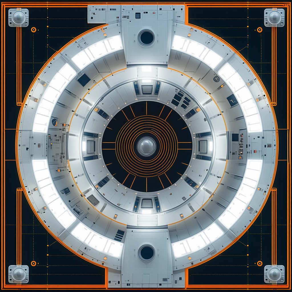 The Image Is A Futuristic Space Station With A Large, Round, White And Orange Center